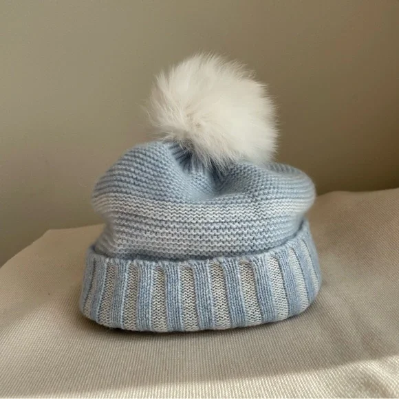 NWT cashmere & fur pom beanie BEANIE CASHMERE, COTTON, WOOL BLEND KNIT BEIGE WITH FUR POM  main image 2